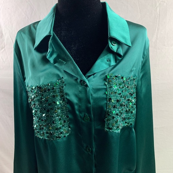 Emerald Satin Sequins Pocket Shirt - Picture 6 of 9